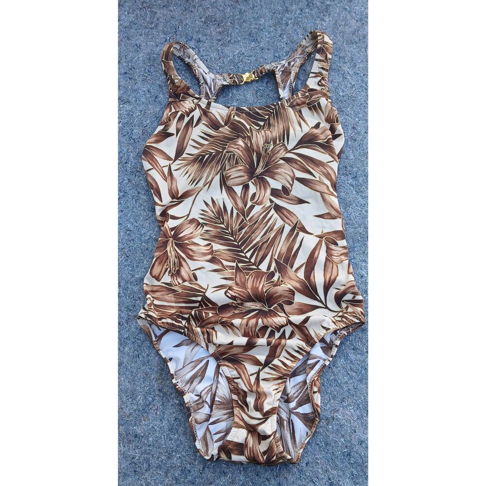 Vintage 90's Venus women medium tall onepiece swimsuit Hawaiian earthtone brown